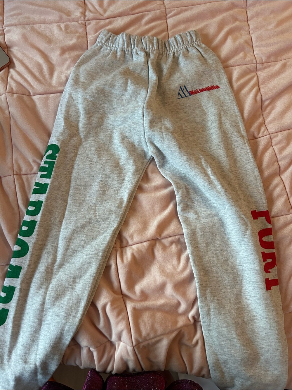 J. McLaughlin Gray Sweatpants with Green & Red Lettering